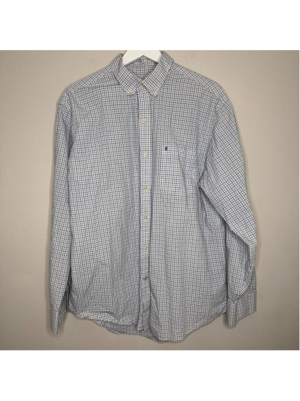 Men's Izod Casual Button Down Shirt Large White Blue Plaid - [LP1059]